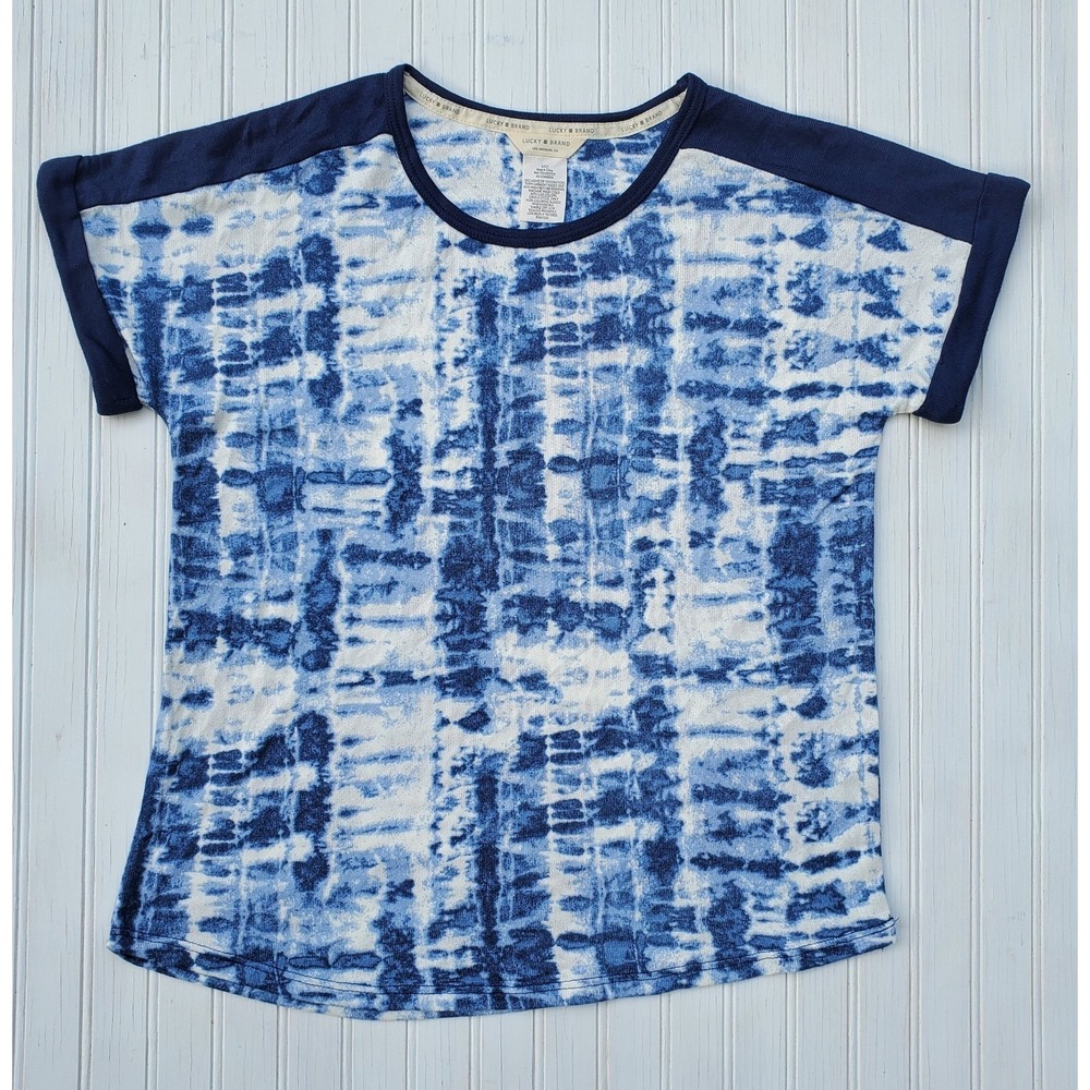 LUCKY BRAND Women Size Small Blue/White Knit Tie‎ Dye Short Roll Sleeve Top